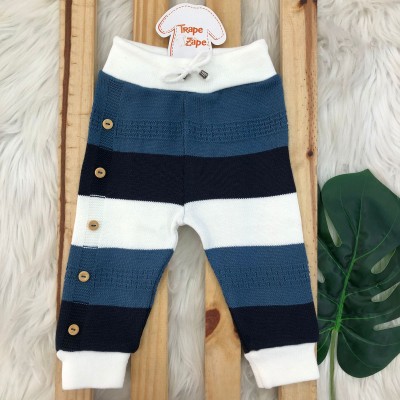 Calca de Linha Avulsa Listrada com Botoes Falsos - Marinho e Azul Jeans